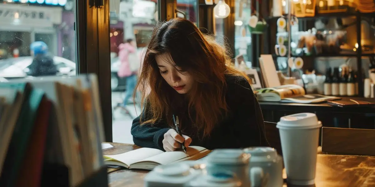 woman is writing notebook cafe table with cozy atmosphere alongside her coffee aig62