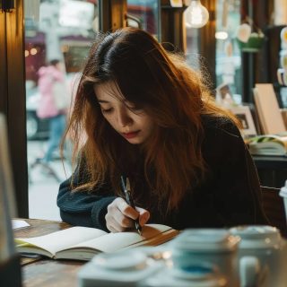 woman is writing notebook cafe table with cozy atmosphere alongside her coffee aig62